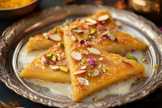 Indian Dessert Shahi Tukda on a Royal Golden Plate with Rabdi, Nuts, and Rose Petals