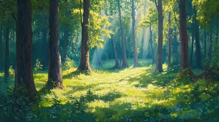 Obraz premium serene daytime forest scene, where sunlight filters through the trees and dapples the forest floor, creating patterns of light and shadow among the vibrant green foliage