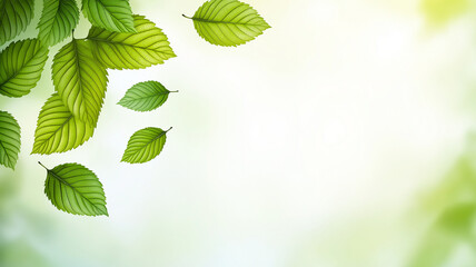 Fresh green leaves gently falling against soft, light background, creating serene and calming atmosphere. Perfect for spring themes and nature inspired designs