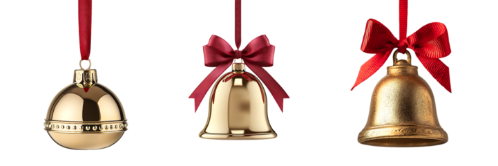 Elegant Gold Christmas Ornaments with Red Ribbons Bauble, Bell, and Jingle Bell set isolated on transparent background