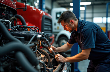 Male auto mechanic inspects large truck engine inside workshop. Works professionally on truck engine repair. Worker examining engine parts closely using lamp. Maintenance, tech service taking place