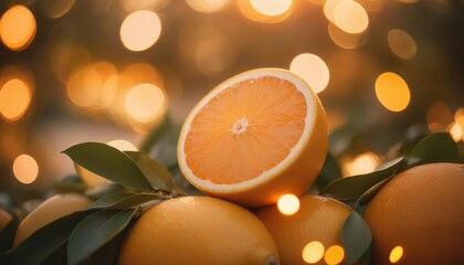 Fresh oranges with leaves and sunlit bokeh background