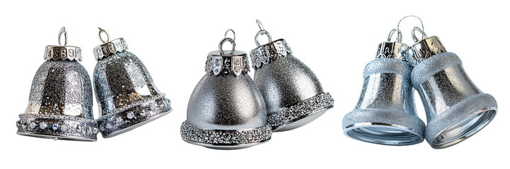Sparkling Silver and Light Blue Christmas Bells Ornaments Set - Festive Holiday Decorations set isolated on transparent background