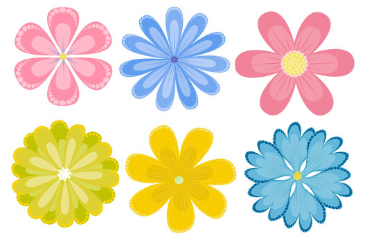 Six drawn flowers isolated on white background.