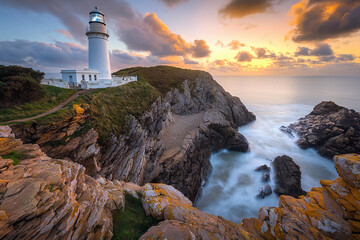 Lighthouse at sunset on rugged coast