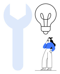 Woman thinking alongside large light bulb and wrench. Ideal for innovation, problem-solving, creativity, solutions, brainstorming, engineering, planning. Bold abstract line flat metaphor