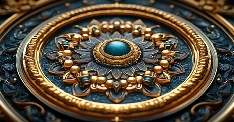 Obraz premium Intricate Golden Mandala Design with Central Turquoise Stone