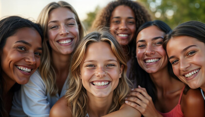 Fototapeta premium Group of young diverse women smiling outdoor. Close-up portrait. Friendship, happiness. Outdoor gathering. Relaxed atmosphere. Girls hug, look at camera. Enjoy fun time together. Lifestyle photo.