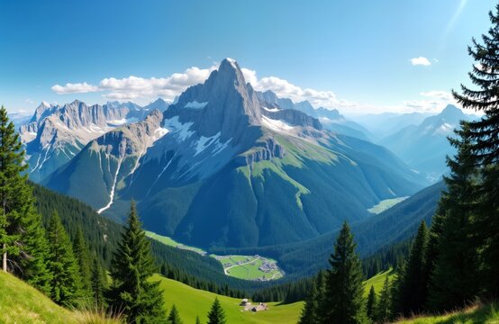 Panoramic view of Grande Tete de Obiou mountain range in summer. High peak in French Prealps. Rich green valleys, forests, meadows. Sunny day with clear sky. Picturesque alpine scenery. Highest peak