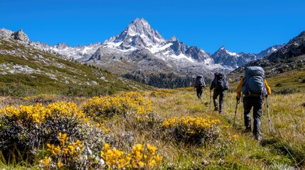 Fototapeta premium Hikers trek mountain valley, wildflowers, scenic peak