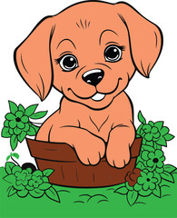 A tiny, cute puppy sitting inside a basket, surrounded by flowers.