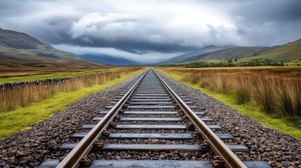 Fototapeta premium A scenic view of railway tracks stretching through a lush landscape under a cloudy sky.