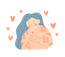 Self care. Body positive. Woman love her body about herself. Vector cartoon illustration in flat style. 