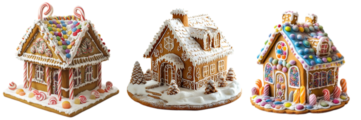 Three Festive Gingerbread Houses A Christmas Culinary Delight set isolated on transparent background