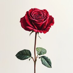 Vibrant red rose with lush green leaves.