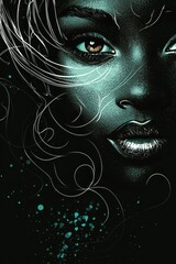 Beautiful black female with striking brown eyes and artistic hair design illuminated by turquoise highlights in a contemporary abstract style