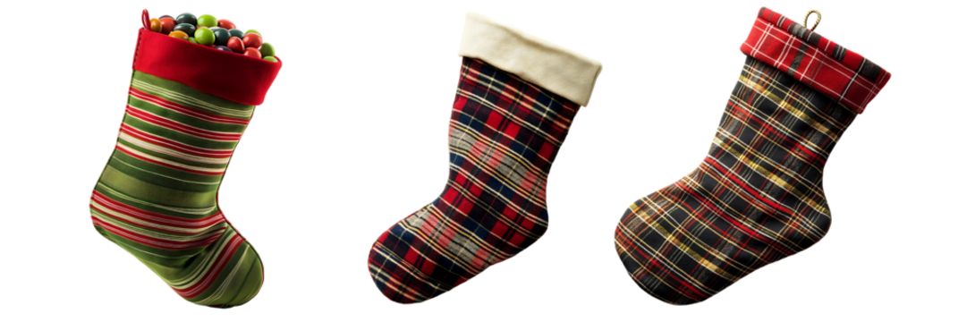 Three Festive Christmas Stockings with Candy and Plaid Designs set isolated on transparent background