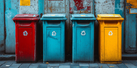 Recycling revolution colorful trash bins urban environment street photography city life eye-level viewpoint waste management awareness