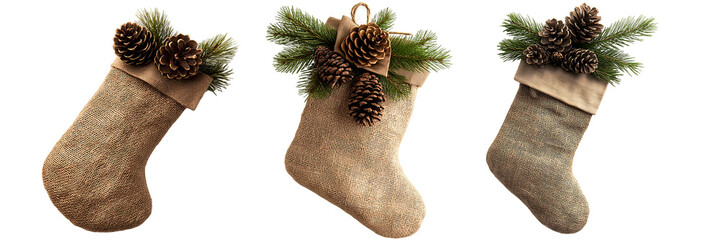 Rustic Burlap Christmas Stockings with Pine Cone and Evergreen Decorations set isolated on...