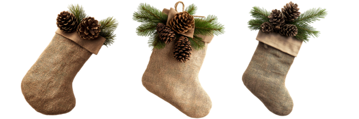 Rustic Burlap Christmas Stockings with Pine Cone and Evergreen Decorations set isolated on transparent background
