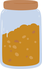 Crunchy peanut butter filling half of a glass jar with a wooden lid, featuring a simple vector illustration set against a clean white background, emphasizing its delicious, nutty appeal