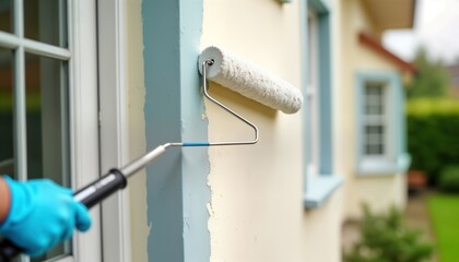 Person applies fresh white paint on building exterior wall using paint roller. Exterior house renovation. Pro painter works carefully on house facade. Renovation project in progress. Painter uses