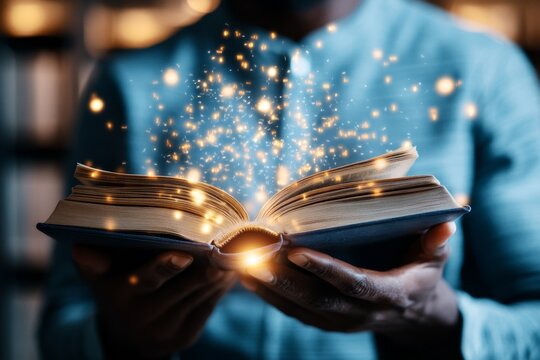 A magical scholar fluently reading from a glowing, enchanted book, with floating words in shimmering golden text surrounding them in a mystical library