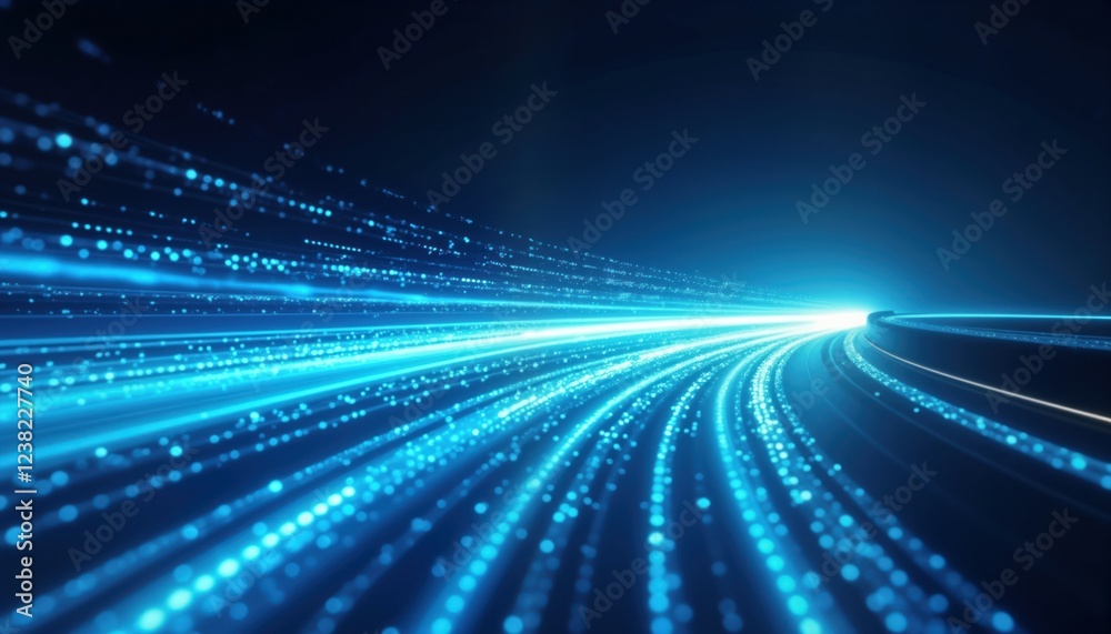 Fototapete Abstract blue light lines show speed, movement. Dynamic curved paths suggest futuristic tech, innovation. Digital light particles create visual effect of fast motion. Modern design for tech concepts.