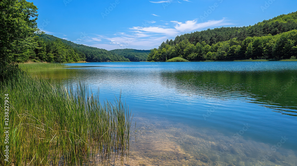 Poster A serene lake surrounded by lush greenery under a clear blue sky.