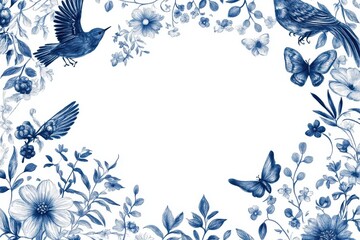 Elegant blue and white porcelain design featuring birds, butterflies, and floral patterns, showcasing intricate craftsmanship and artistic detail