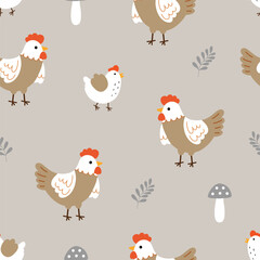 Seamless pattern with cute hen, chick, mushroom and leaf for your fabric, children textile, apparel, nursery decoration, gift wrap paper. Vector illustration	