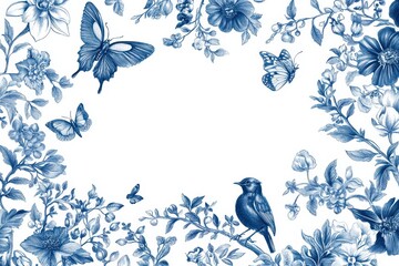 This stunning blue and white porcelain design showcases an intricate pattern of birds and butterflies gracefully mingling among vibrant flowers