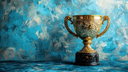 Golden Trophy: A Symbol of Victory and Achievement. This image showcases a gleaming golden trophy against a textured blue background, representing success, triumph, and the pursuit of excellence.