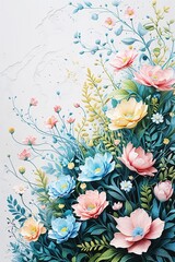 Up close watercolor spring flowers with teal leaves and soft pink yellow accents on white