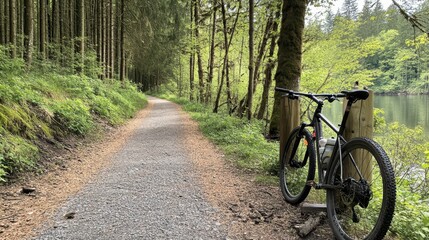 Fototapeta premium Mountain bike rests on trail beside lake. Perfect for travel, adventure, and nature themes.