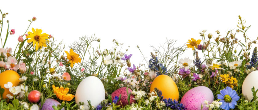 PNG Colorful Easter eggs in a field of wildflowers
