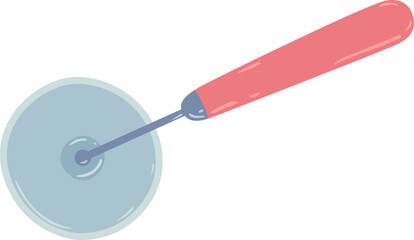 Round pizza cutter with a pink handle slicing through a delicious pizza, featuring a simple vector illustration against a clean white background