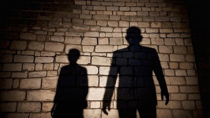 Shadows cast on a brick wall at night evoke a mysterious atmosphere of tension and intrigue between two figures