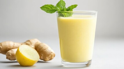 Fototapeta premium Detox ginger smoothie with fresh mint and lemon presented on a white background for health-conscious individuals focusing on nutrition and wellness