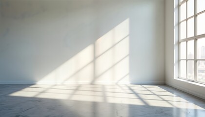 Obraz premium Empty room bathed in bright sunlight. Large window casts shadows on light colored floor, wall. Modern interior design concept. Minimalist, clean aesthetics. Ideal for minimalist design, interior