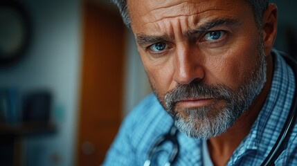 Focused male doctor examining patient with determination in a brightly lit medical office setting