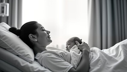 Mother rests in hospital bed holding newborn baby. Peaceful moment of care and love. Motherhood and new life. Healthy infant and happy mom. Relaxing scene in a hospital room. New arrival. Tender care.