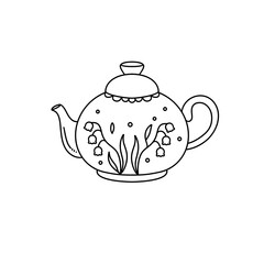A black and white drawing of a teapot with flowers on it