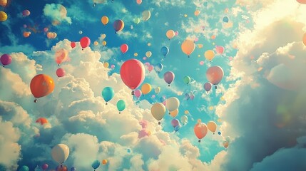 Fototapeta premium multicolored balloons ascending toward the clouds, evoking a sense of freedom and excitement.