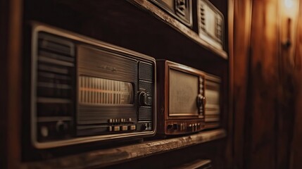 Fototapeta premium A row of vintage radios on wooden shelves in a dimly lit antique shop