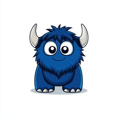 Naklejka premium Cute blue monster mascot with fluffy fur and cheerful expression stands in a bright setting, exuding a friendly and inviting vibe suitable for a fantasy universe