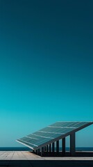 Fototapeta premium Solar panels stand elegantly on a coastal platform, reflecting sunlight while the azure sky stretches endlessly. The serene ocean enhances the peaceful atmosphere, showcasing sustainability