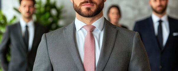 Networking event concept. Professional business team standing confidently in modern office attire.