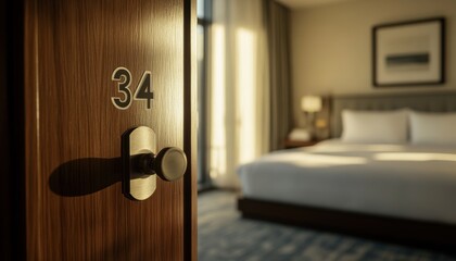 Obraz premium Cozy hotel room with an inviting door and warm lighting