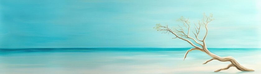 Obraz premium Majestic tree painting on the beach, serene coastal landscape artwork for tranquil oceanfront decor